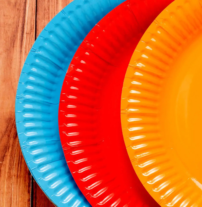 Blue, red, orange disposable plates